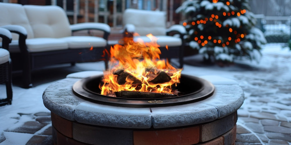 A wood-burning fire pit radiating heat in a snow-covered winter backyard