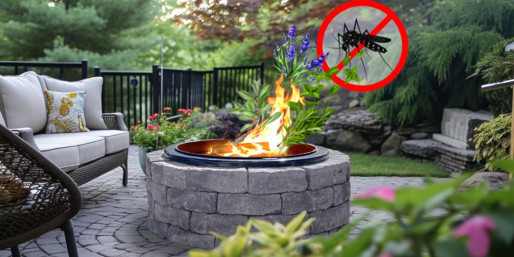 Rosemary, mint, sage and lavender burning in a fire pit to produce mosquito-repelling smoke