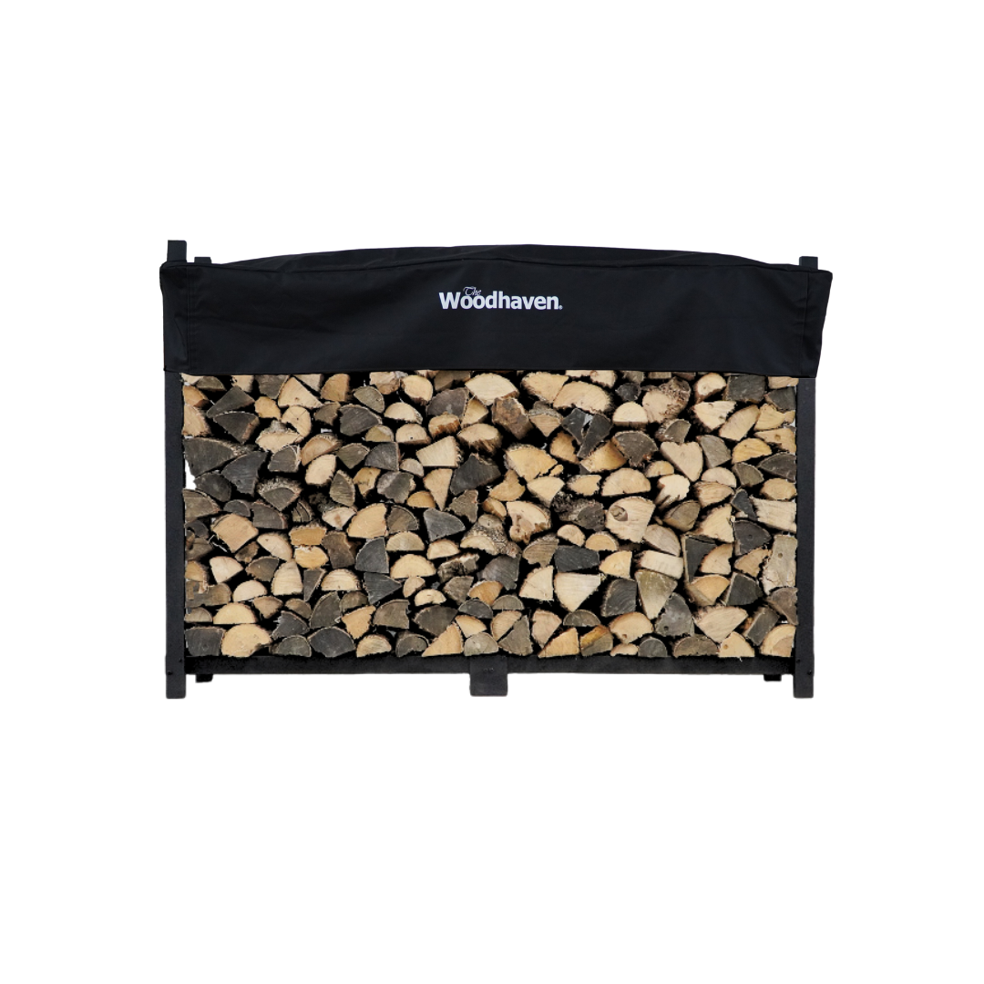 The Woodhaven 6 ft steel firewood rack in black with black cover