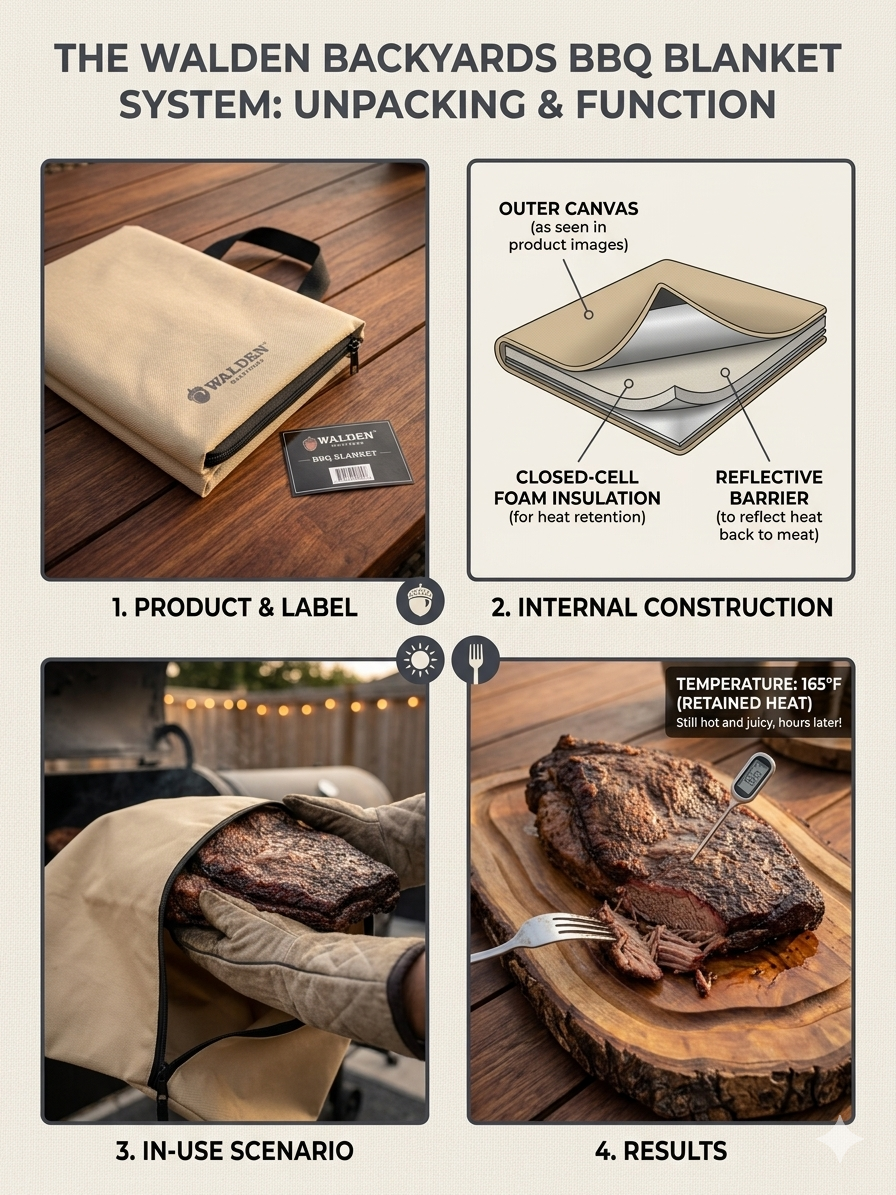 Walden Backyards BBQ Blanket System packaging, construction, and use scenario on a wooden deck.