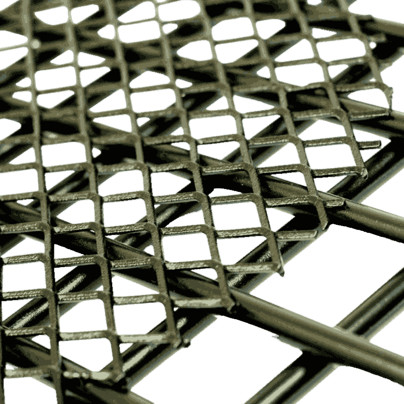 Close Up of steel mesh welded onto center of gridded steel rods on top of grate