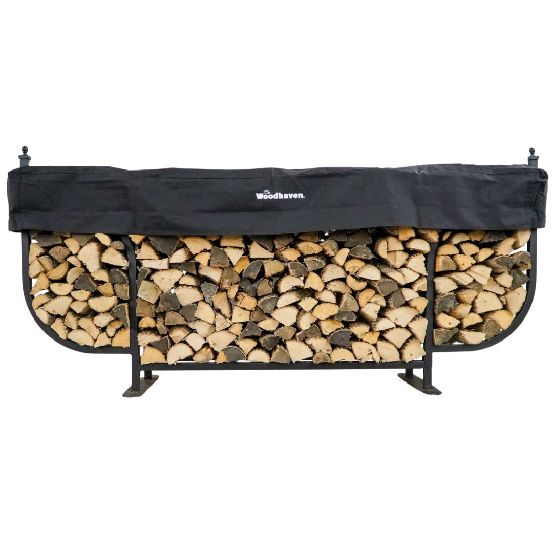 The Woodhaven 9 ft Courtyard steel firewood rack with seasoning cover