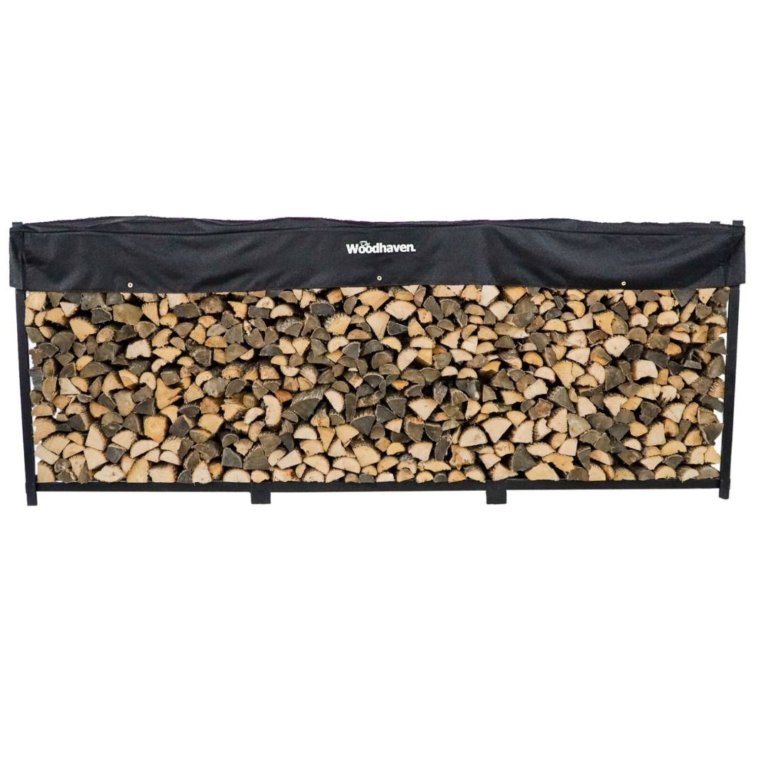 The Woodhaven 12 ft steel firewood rack in black with black cover