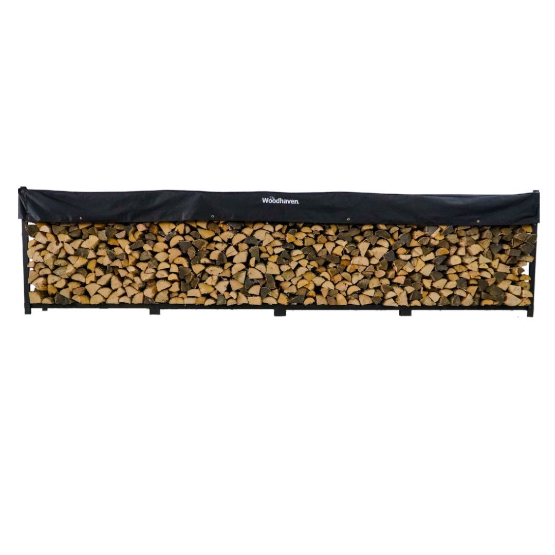 The Woodhaven 16 ft steel firewood rack in black with black cover