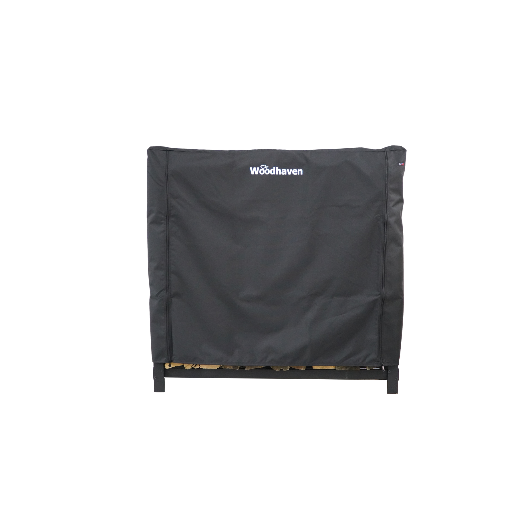 The Woodhaven zippered full firewood rack cover, made in the USA