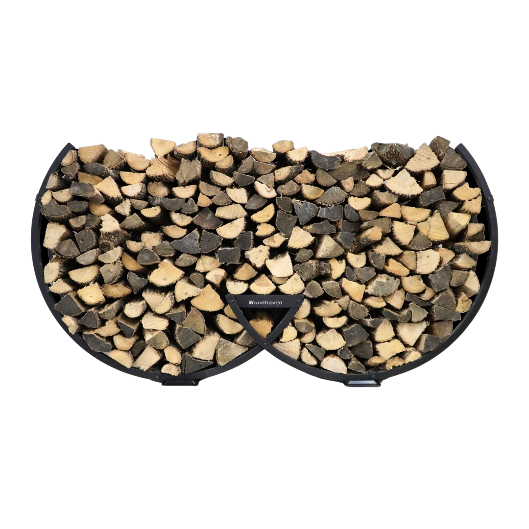 The Woodhaven Winter Workman curved steel firewood rack