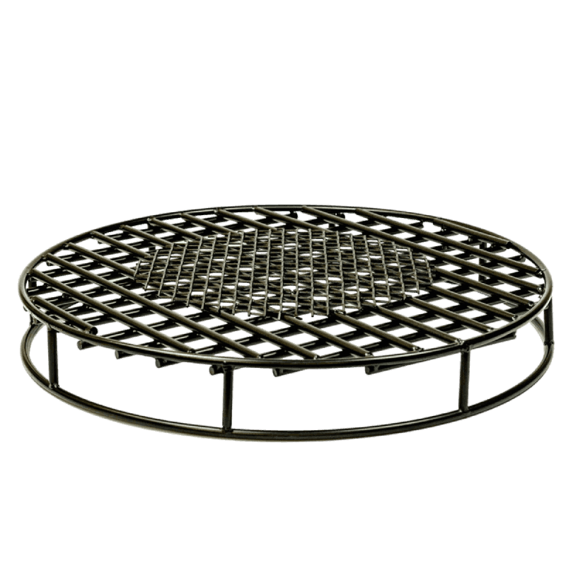 Round steel fire pit grate with gridded half inch thick rods and stell mesh ember catcher on top for better burning fires and optimal airflow.